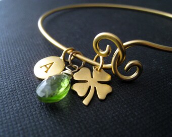 personalized lucky bangle, initial bracelet, birthstone, open and close, four leaf clover, good luck gift, mom encouragement gift, get well