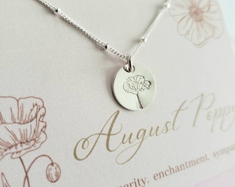 August Birth flower necklace, poppy necklace, birthday gift for her, custom bridesmaid bridal party, dewdrop chain, hand stamped flower