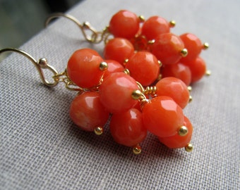 Orange Coral earrings, orange or pink coral dangle earring, gold or silver, wire wrapped jewelry, spring wedding bridesmaid gift