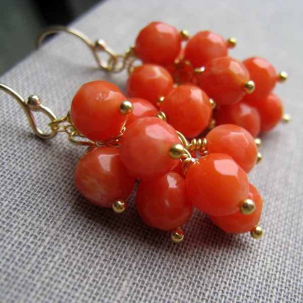 Orange Coral earrings, orange or pink coral dangle earring, gold or silver, wire wrapped jewelry, spring wedding bridesmaid gift