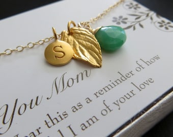 Leaf Birthstone Collier initial, bijoux personnalisés pour maman, maman libre d’esprit, charmes de la nature, cadeau personnalisé pour elle, maman, sœur