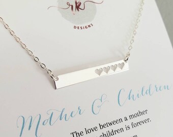 Mother of four kids necklace, sterling silver 4 heart cutout bar necklace, mothers day gift from children, grandchildren, keepsake mom gift