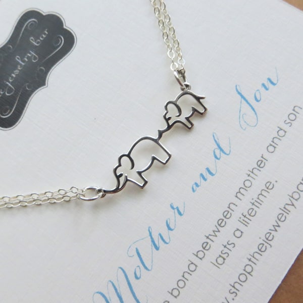 Mother son jewelry, mama and baby elephant necklace, sterling silver festoon mother and son charm, mommy and me, birthday gift