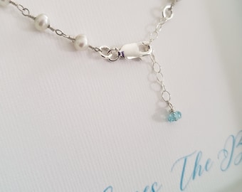 Gift for daughter from mother of the bride, blue topaz pearl link bracelet something blue gift here comes the bride bridal shower