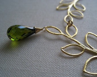 Double Gold Leaf Neckalce, Olive green stone necklace, Olivine cz, bridesmaid necklace, bridal party gifts