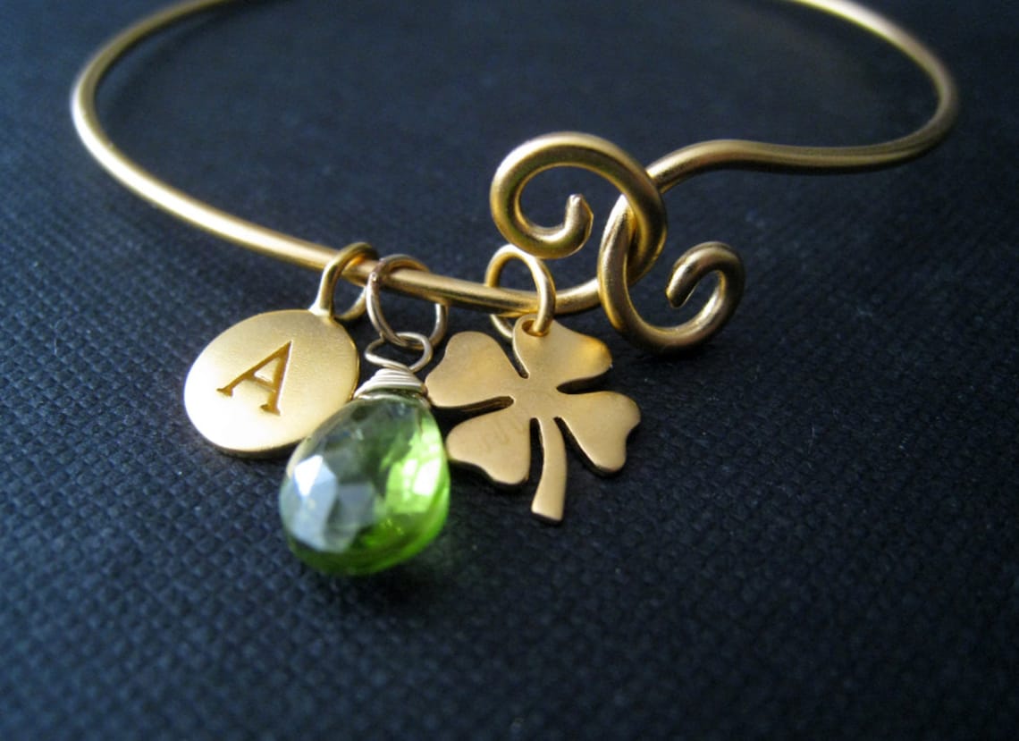 Personalized lucky bangle initial bracelet birthstone open | Etsy