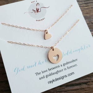 Godmother goddaughter necklace set, rose gold heart cutout pendant jewelry, birthday gift for godmother godchild Christmas, religious image 1