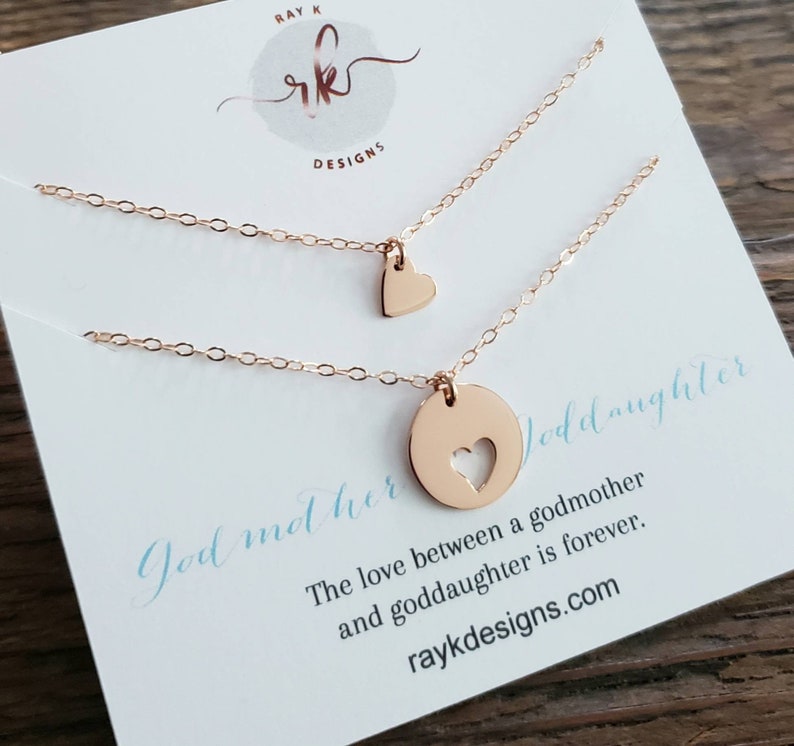 Godmother goddaughter necklace set, rose gold heart cutout pendant jewelry, birthday gift for godmother godchild Christmas, religious image 1