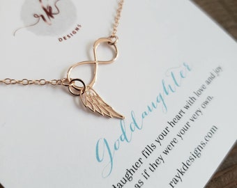 Goddaughter gift, angel wing infinity necklace, Goddaughter communion gift from godmother, birthday, goddaughter baptism gift