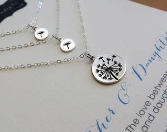 Mother 2 daughter Dandelion necklace set, sterling silver etched dandelion charm, mom gift, keepsake birthday gift for mama of two daughters