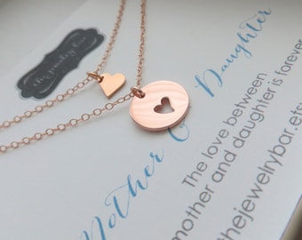 Mother daughter jewelry, mother daughter necklace, 2 delicate rose gold heart necklaces, mother child, separation anxiety, long distance