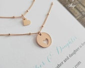 Mother gift, Mom daughter rose gold necklace, wedding day mother of the bride, birthday shareable set heart cutout satellite chain, special