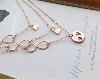 Mother two daughter jewelry, rose gold infinity heart necklace, mothers day gifts for mom of 2, wife and two children gift