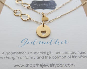 Godmother goddaughter heart infinity necklace set, gift for godmother, baptism, first communion, mothers day gift, Christmas holiday gift