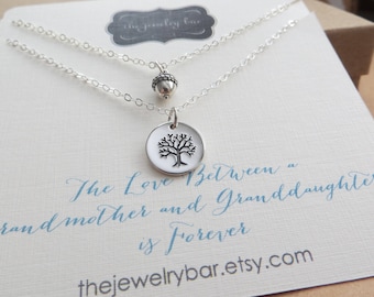 Christmas Gift for new grandma from granddaughter, Grandmother grandchild matching shareable necklace, tree of life & acorn charm pendant