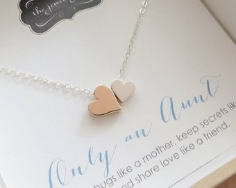 Beat Aunt Christmas gift from niece, mixed metal double heart necklace, side by side heart pendant aunt-niece aunt gift from nephew