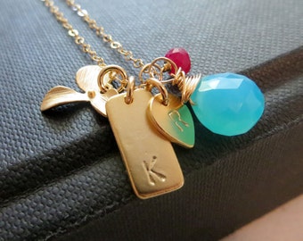 Mix match initial necklace, personalized mom jewelry, orchid charm, two custom gemstones, rectangle bar, teardrop, mother gift