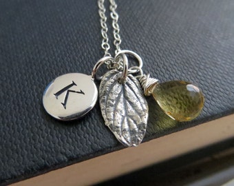 Mint leaf & initial necklace, personalized jewelry, autumn nature charm, birthstone, personalized gift for her, sterling silver, boho