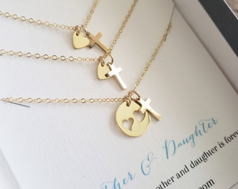 Christian Mother two daughter cross & heart cutout necklace set, mom daughter faith jewelry Christmas gift, cross pendant