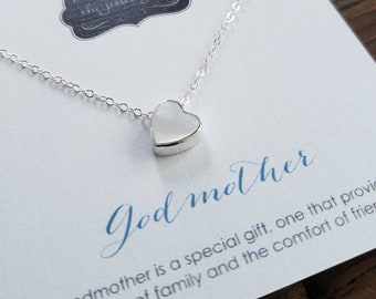 Godmother gift and card, white mother of pearl bezel heart necklace, Godmother jewelry, new Aunt Sister gift, communion, baptism mothers day