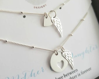 mother daughter angel wing heart necklace set, mother memorial funeral grief, sympathy gift, keepsake, loss, cancer support gift