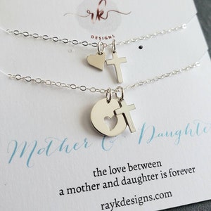 Christian Mother daughter jewelry set, cross & heart necklace, mom Christmas gift, mother child keepsake religious women of faith gift