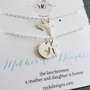 Christian Mother daughter jewelry set, cross & heart necklace, mom Christmas gift, mother child keepsake religious women of faith gift