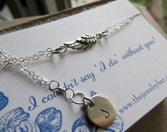 Angel wing & initial charm bracelet, sideways angel wing bracelet, sterling silver bridesmaid gift and card