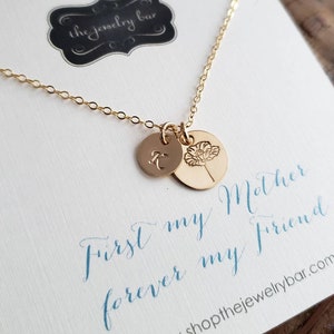 Birthday gift for mom from daughter, Personalized Birth flower necklace, hand stamped initial, stepmom, first my mother forever my friend
