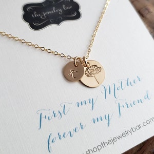 Birthday gift for mom from daughter, Personalized Birth flower necklace, hand stamped initial, stepmom, first my mother forever my friend image 1