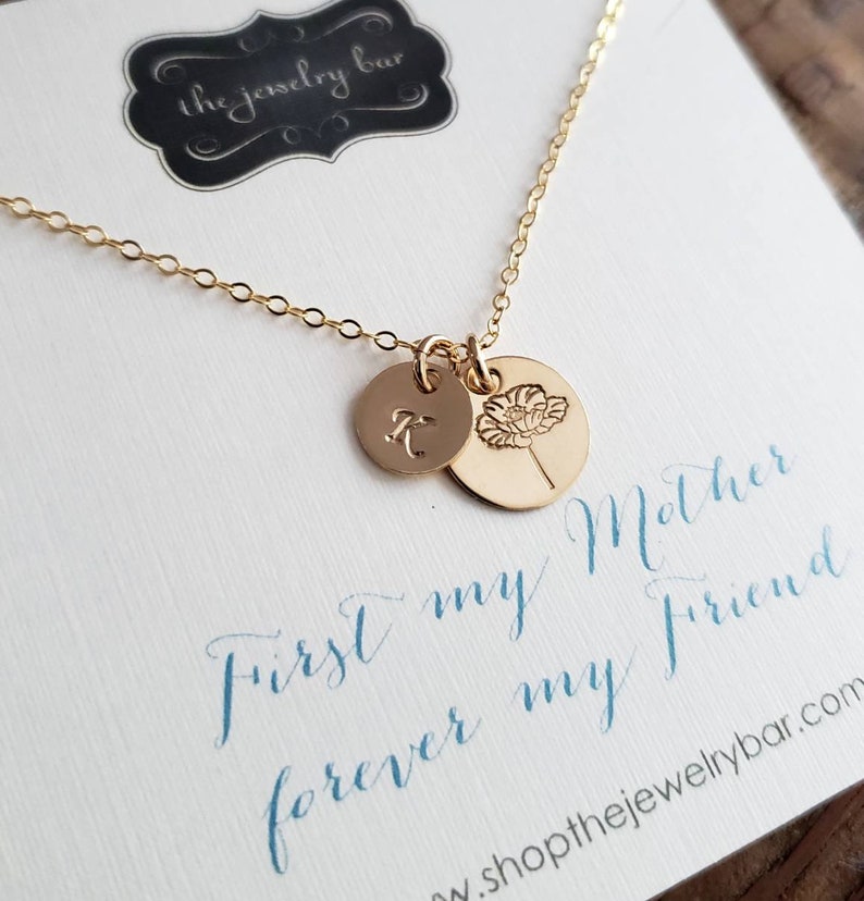 Birthday gift for mom from daughter, Personalized Birth flower necklace, hand stamped initial, stepmom, first my mother forever my friend image 1