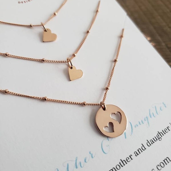 Mother two daughter jewelry set mom 2 daughter gift sister and myself heart cutout bead necklace unity Mothers day Birthday gift