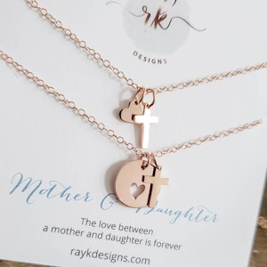 Women of faith gift Mother daughter cross & heart cutout necklace set Christian mom daughter faith jewelry Easter gift