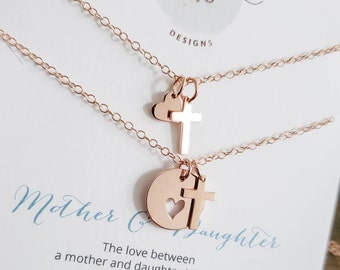 Mother daughter cross & heart cutout necklace set, Christian mom daughter faith jewelry Easter gift