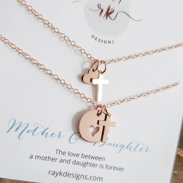 Mother daughter cross & heart cutout necklace set, Christian mom daughter faith jewelry Easter gift