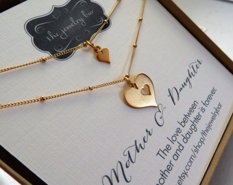 Mommy and me jewelry, satellite chain, mother daughter necklace, mom gift, two gold cutout heart matching sets, mother and child jewelry