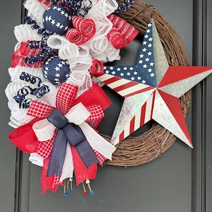 Patriotic Mesh Wreath with Rustic Star – 4th of July Front Door Decor – Red White and Blue Grapevine Wreath – Independence Day Wreath