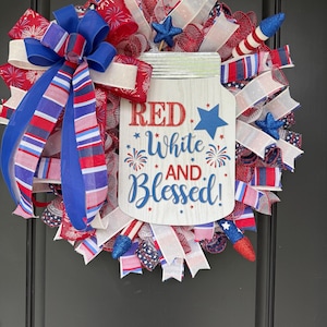Patriotic Wreath for Front Door - Red White and Blessed 4th of July Wreath - Independence Day Decor - Summer Mesh Wreath - Americana Door Ha