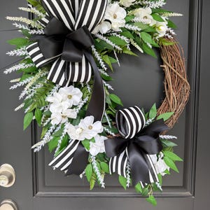 Black and White Front Door Wreath, Grapevine Wreath with Ribbon, Spring Summer Wreath, Everyday Door Decor