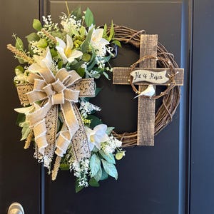 He Is Risen Wreath, Easter Cross Wreath, Christian Front Door Decor, Spring Grapevine Wreath