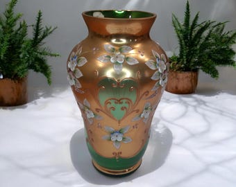 ヴィンテージ ボヘミア ガラス グリーン 花瓶 金色塗装 - Etsy 日本