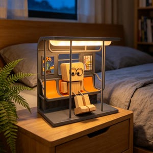 May include: A wooden subway-themed night light with a light gray frame, orange seats, and a wooden figure with large eyes. The light has a rectangular shape with a built-in lamp and is placed on a wooden nightstand.