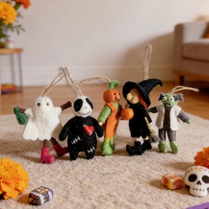 May include: A collection of handmade Halloween ornaments. The set includes a white ghost, a black figure with a skull face, a pumpkin, a witch, and a zombie. Each ornament is made of felt and has a string for hanging.