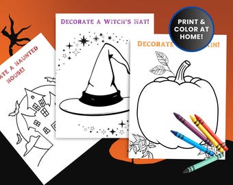 Puede incluir: Tres páginas para colorear de Halloween imprimibles que representan un sombrero de bruja, una calabaza y una casa encantada. Las páginas tienen el texto "¡Decora un sombrero de bruja!" y "Decora". El texto "¡Imprime y colorea en casa!" está en un círculo azul.