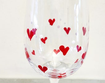 Hand Painted wine glass Valentine's little red hearts