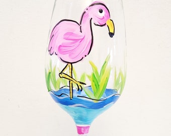 Hand Painted wine glass flamingo