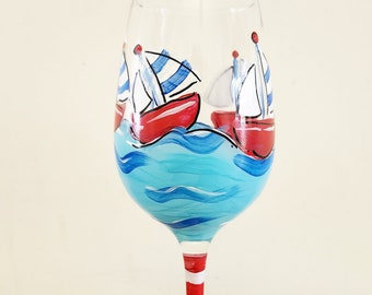 Hand Painted wine glass sailboats summer