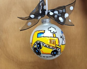 Personalized Hand Painted Glass Ball Christmas ornament Bulldozer with a snowman