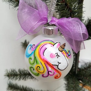 Personalized Hand Painted Glass Christmas ornament unicorn rainbow