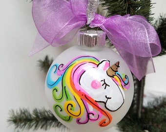 Personalized Hand Painted Glass Christmas ornament unicorn rainbow